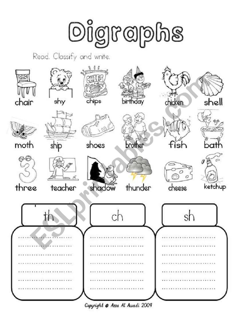 Digraphs - th - ch - sh worksheet