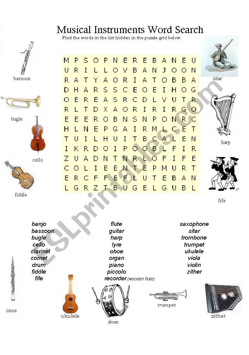 musical instruments search worksheet