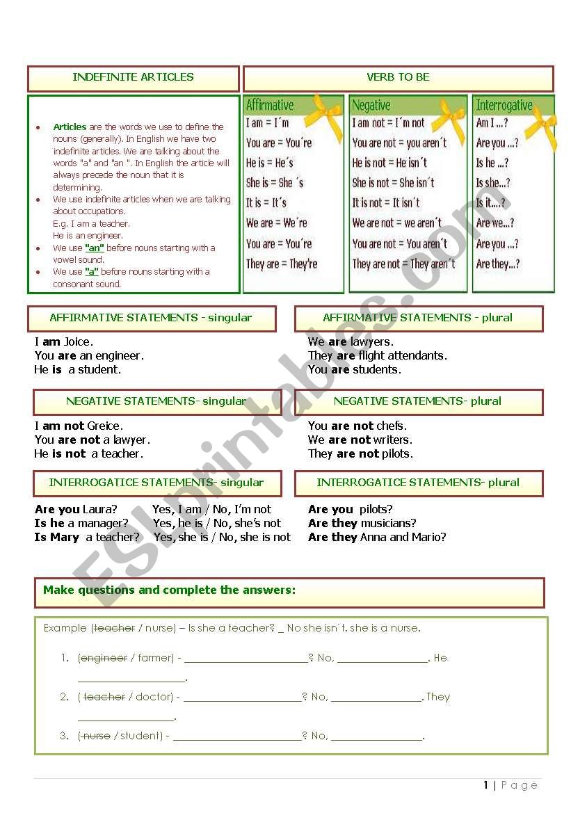 Review - Verb TO BE, Indefinite articles, Affirmative, negative and interrogative statements