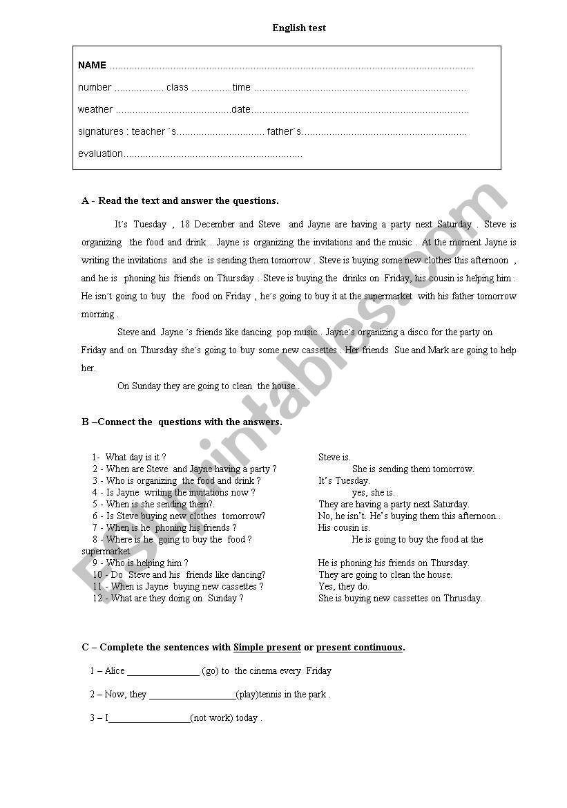test present continuous worksheet