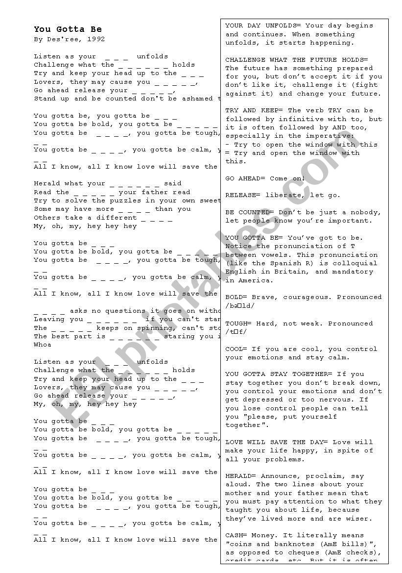 Desree- You Gotta be - Lyrics fill in the gaps and vocabulary