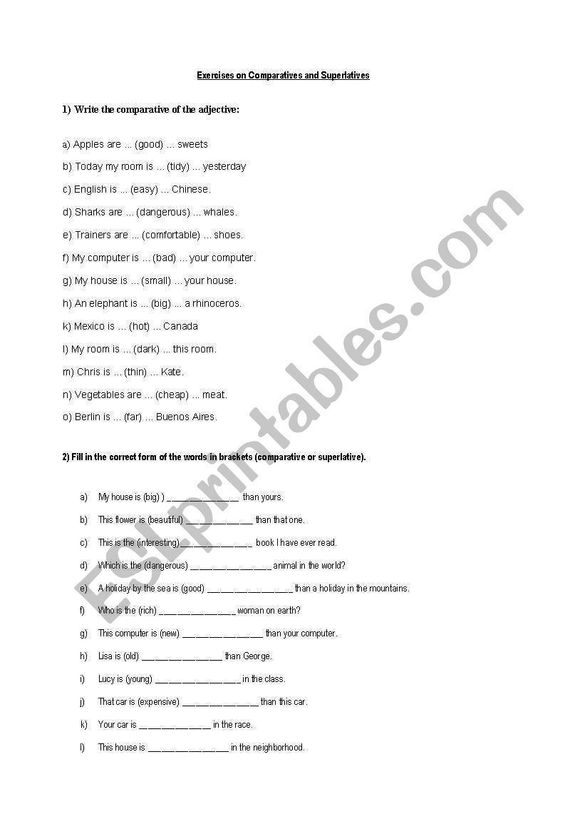 Superlatives and comparatives worksheet