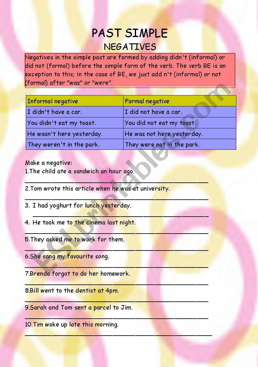 past simple - negatives worksheet