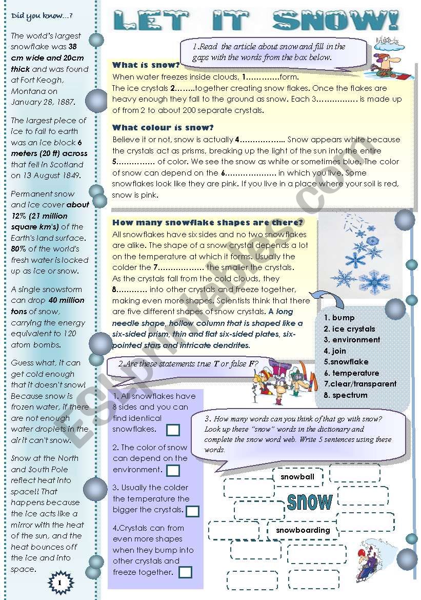 A set of fun snow activities and facts +  SONG - Let it snow! (2 pagws with keys)