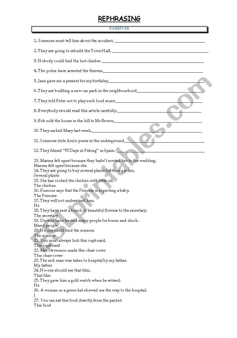 PASSIVE - REPHRASING worksheet