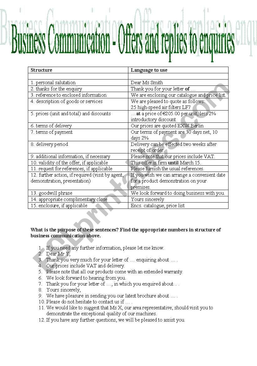 Business Communication - Offers and replies to enquiries