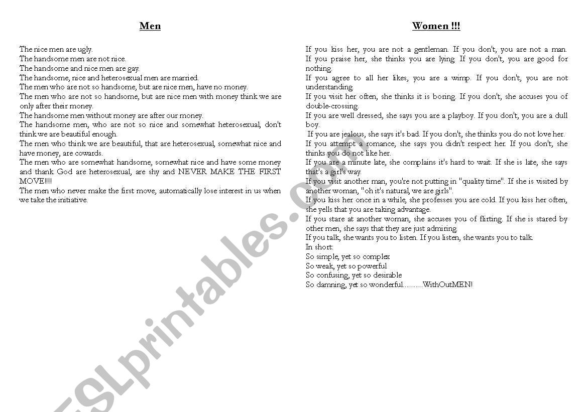 Men & Women Continuation worksheet