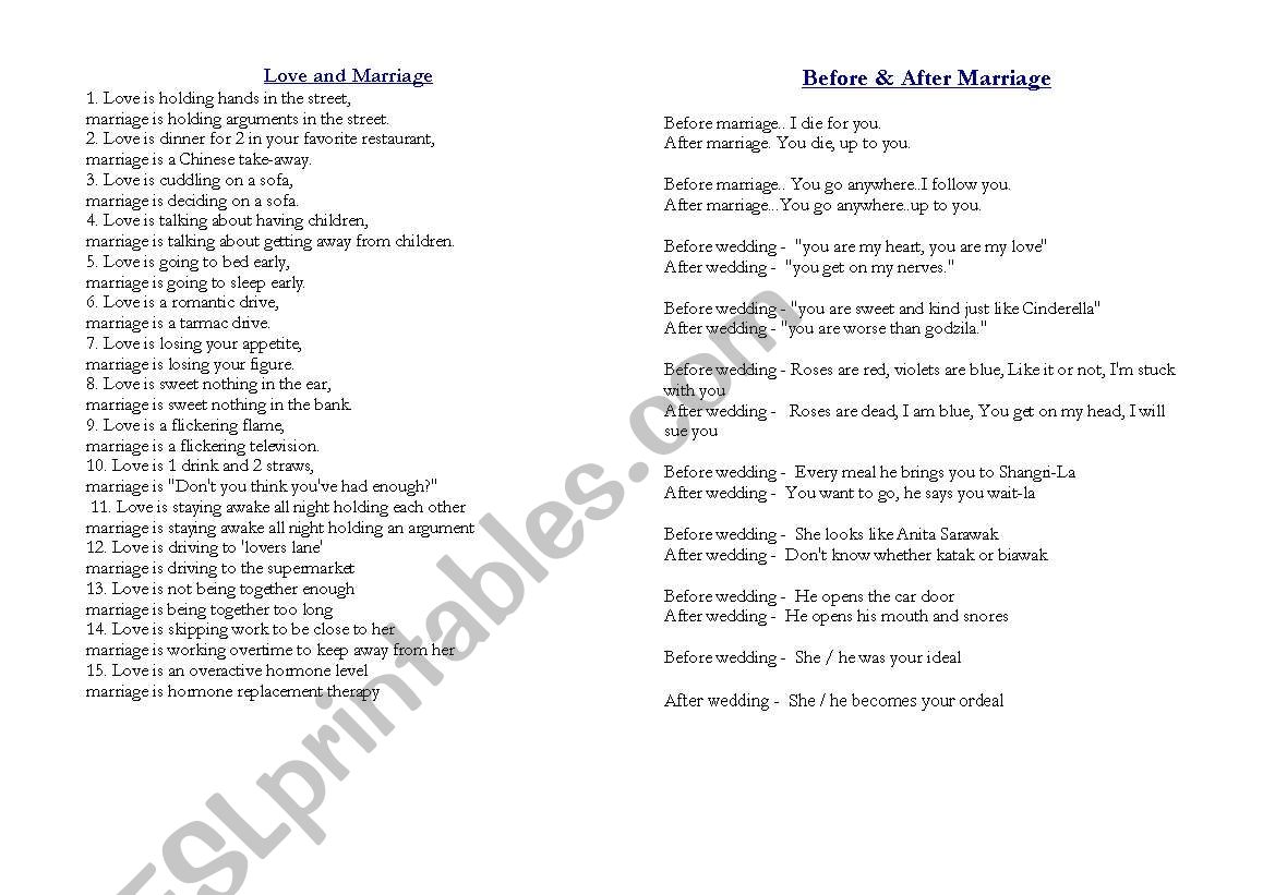 Love and Marriage worksheet
