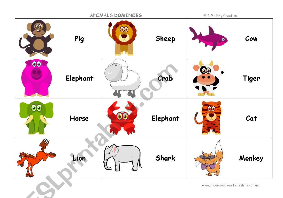 Animal Names Dominoes worksheet