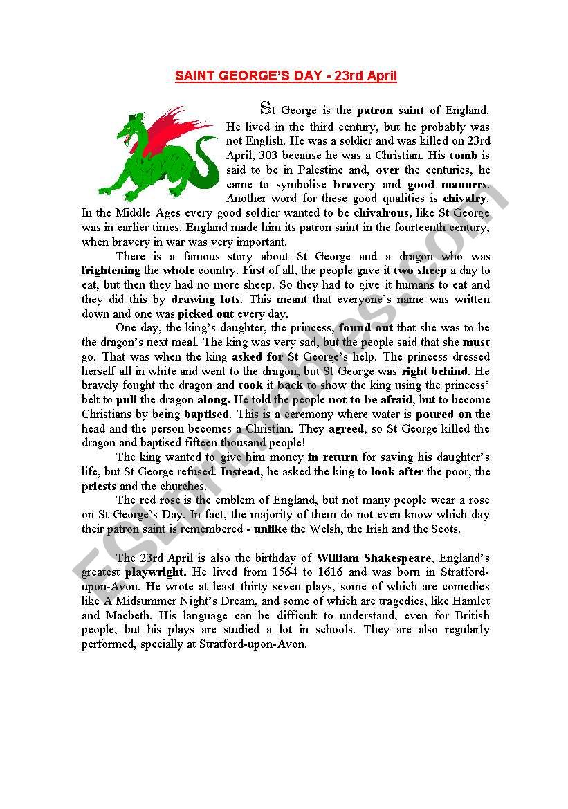 Festivity. Saint George worksheet