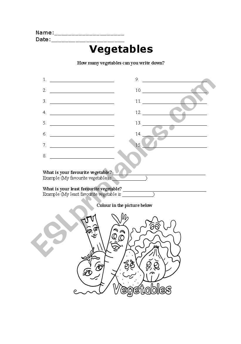 Vegetables worksheet