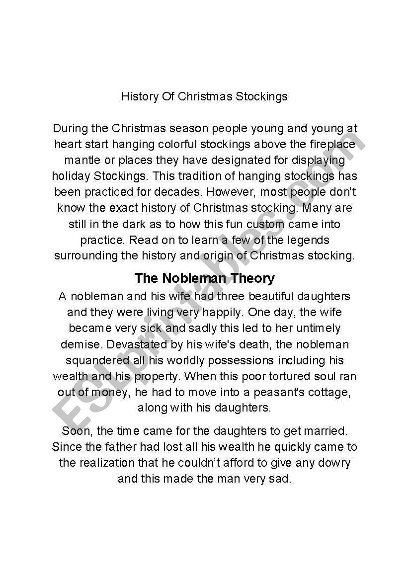 History Of Christmas Stockings ESL Worksheet By Teacherflorida