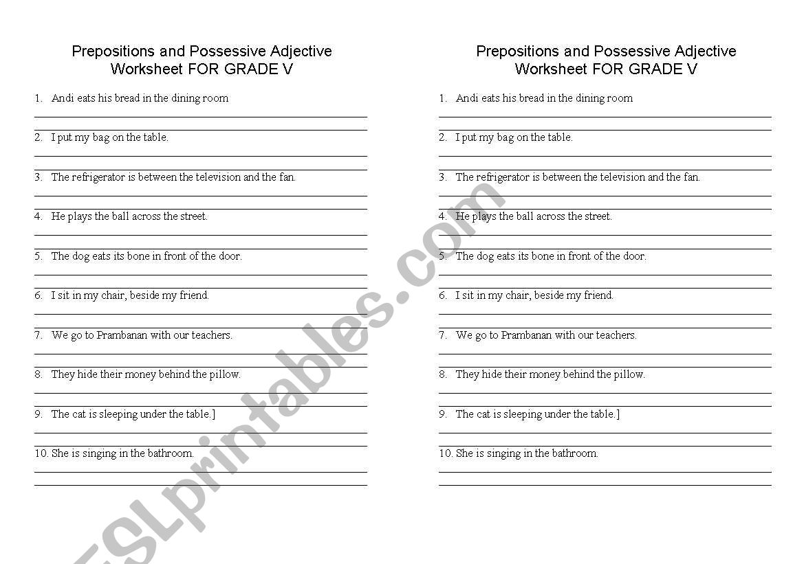  possesive adjective and preposition worksheet