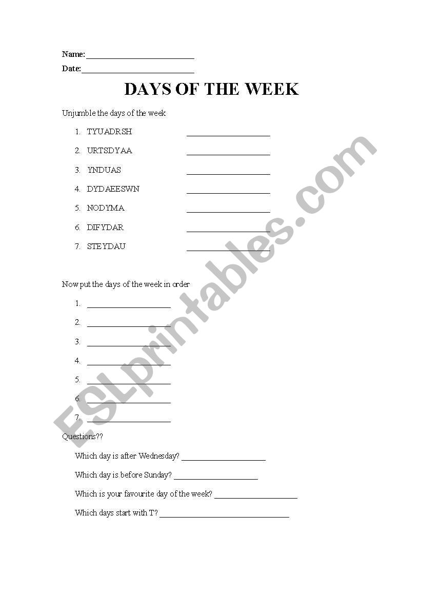 Days of the week worksheet