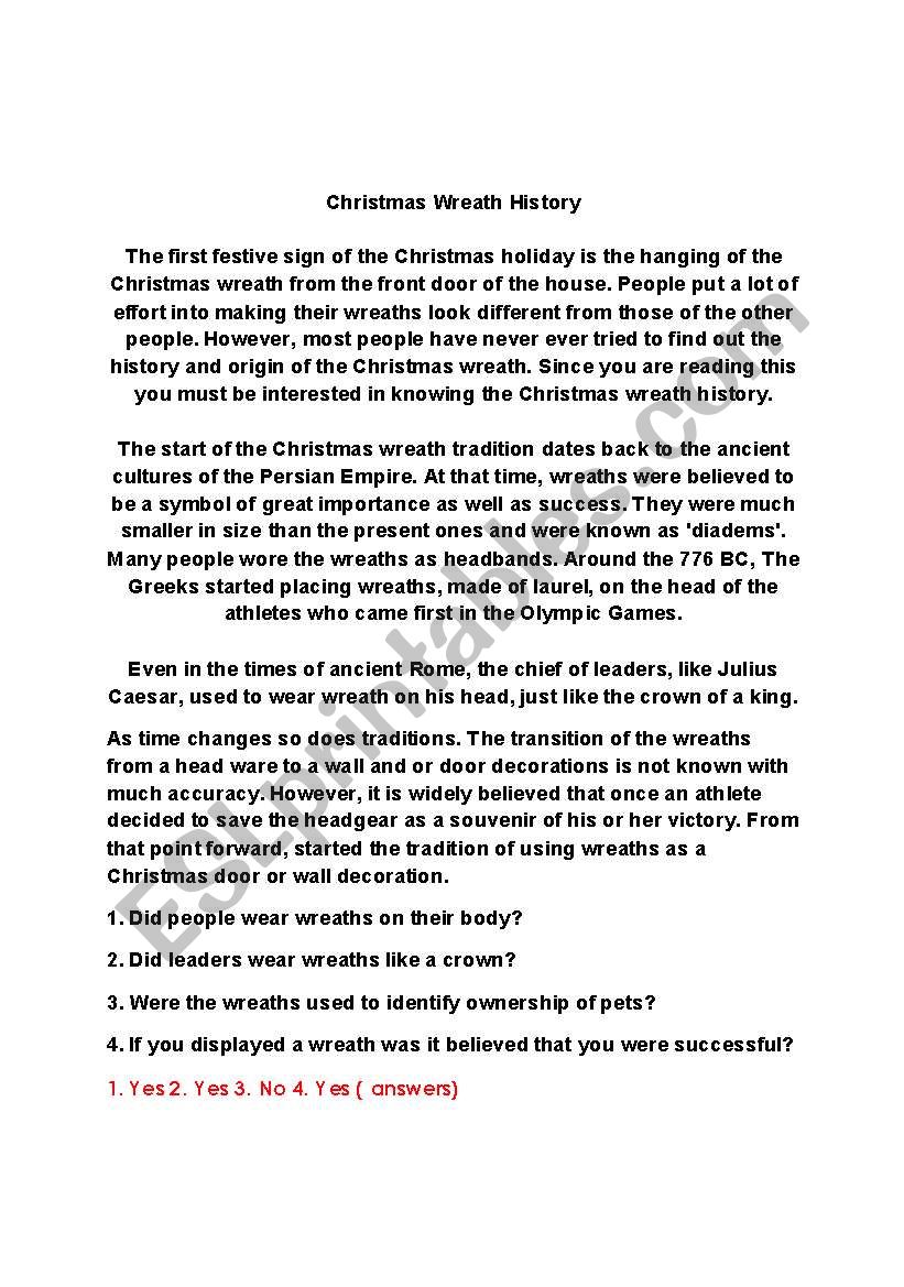 Christmas Wreath History worksheet