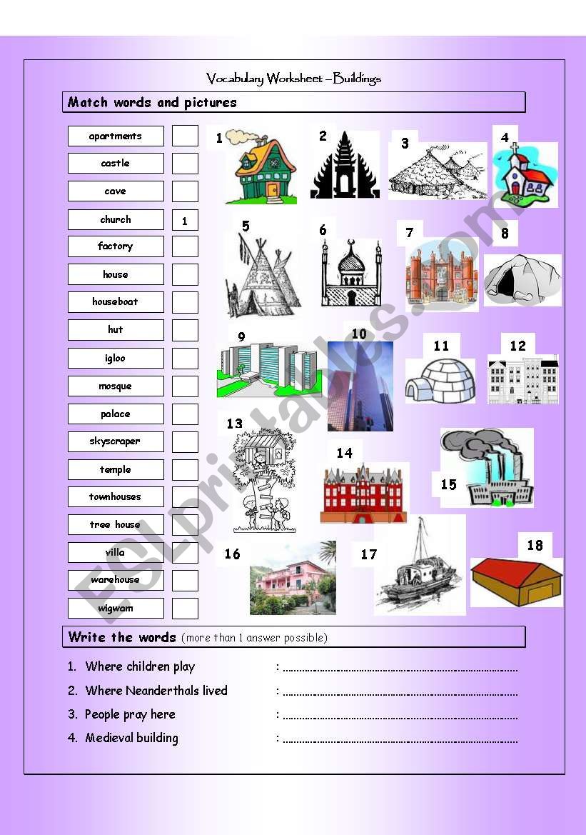 Vocabulary Matching Worksheet - BUILDINGS