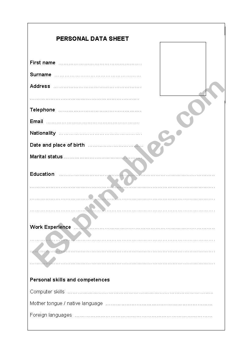 Personal data worksheet