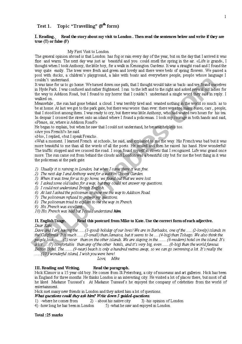Travelling worksheet