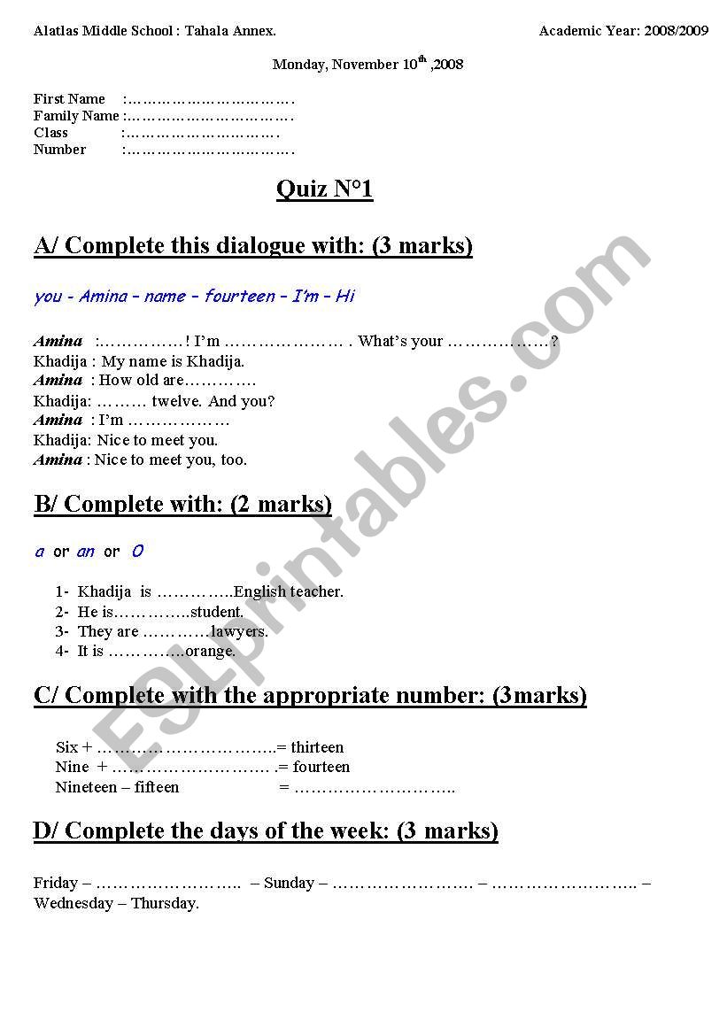 quiz worksheet