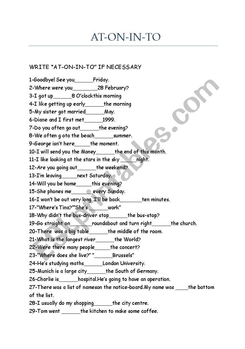 PREPOSITIONS(IN-ON-AT-TO) worksheet