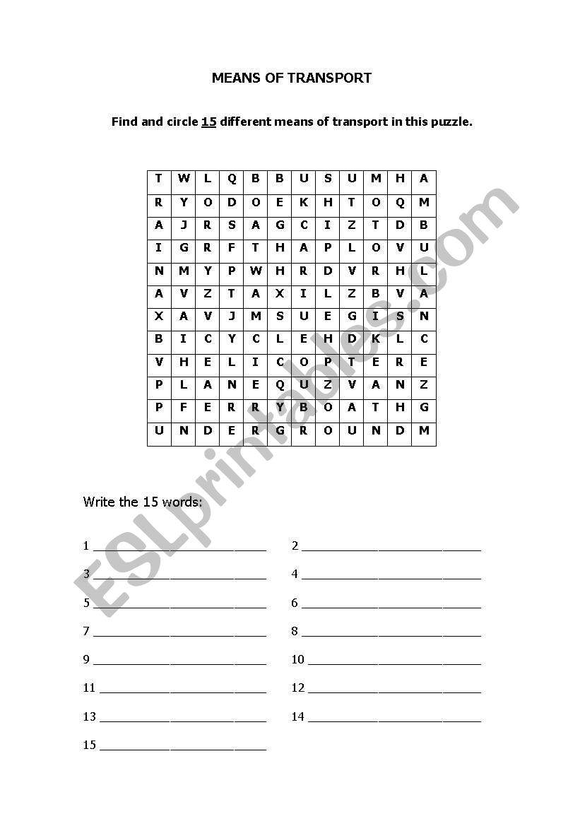 Means of transport - puzzle worksheet
