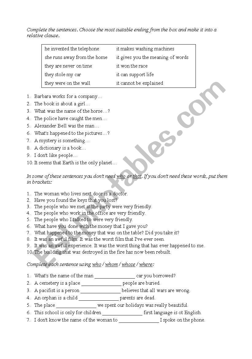 relative clauses worksheet