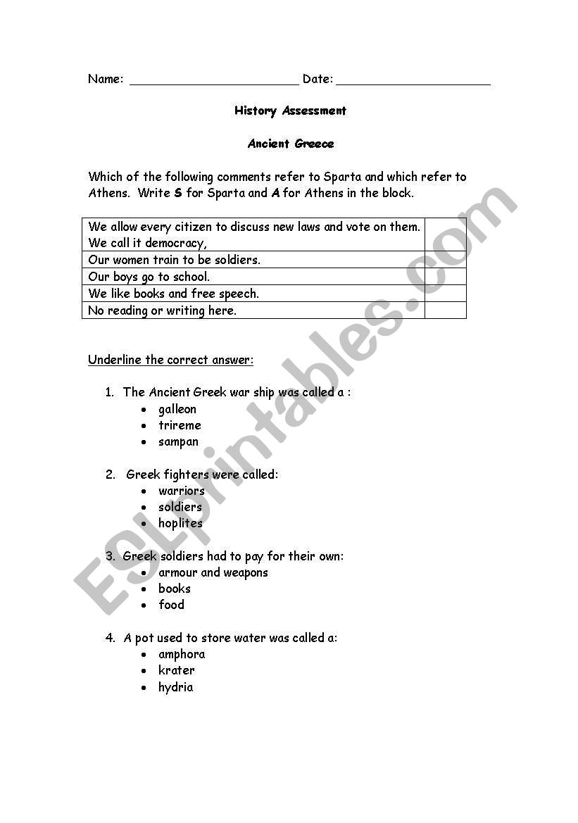 Ancient Greece Assessment worksheet