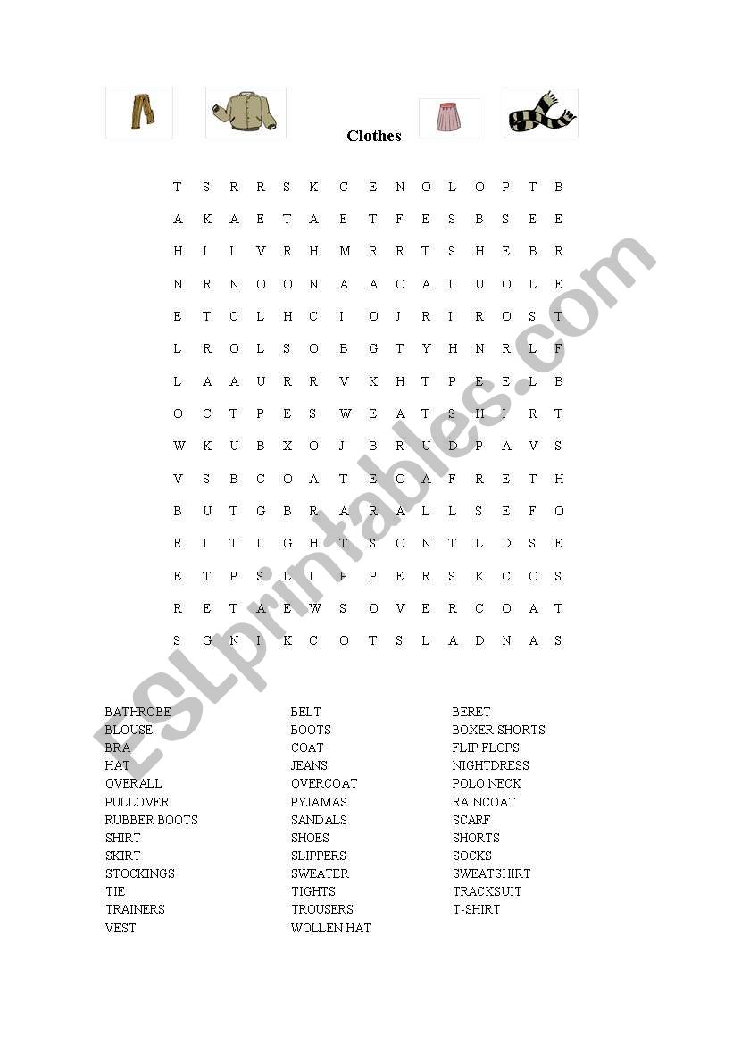 a wordsearch on clothes  worksheet
