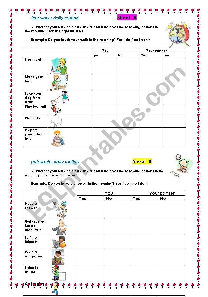 daily routine pair work  worksheet