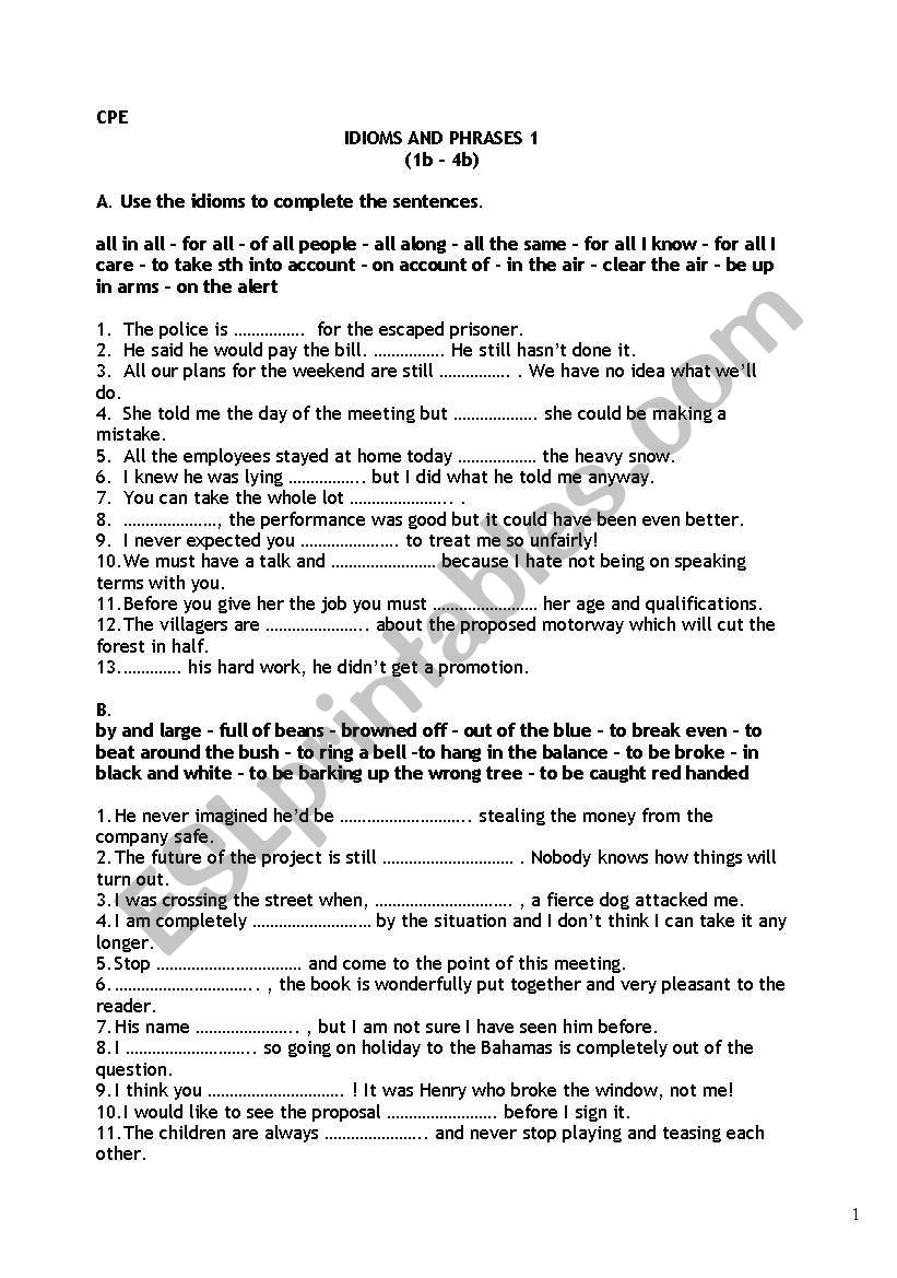 cpe ecce idioms and phrases I worksheet