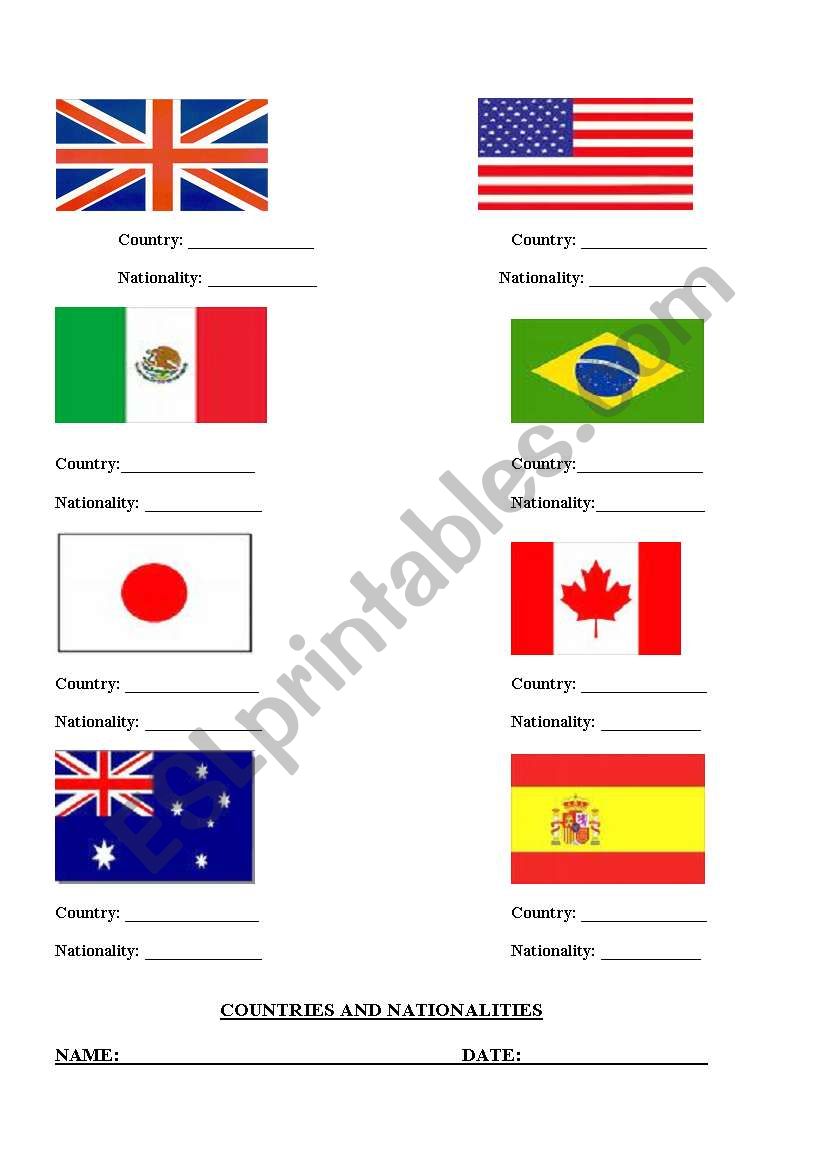 Countries and nationalities worksheet
