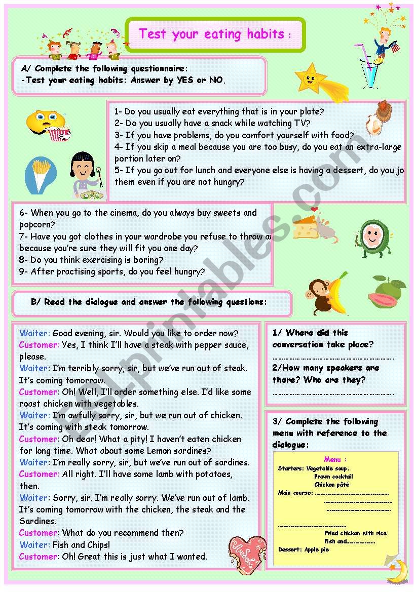 TEST YOUR EATING HABITS worksheet