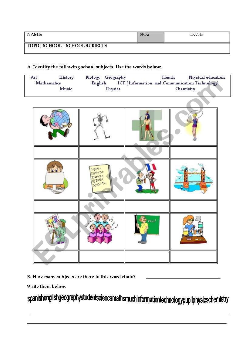 School subjects worksheet