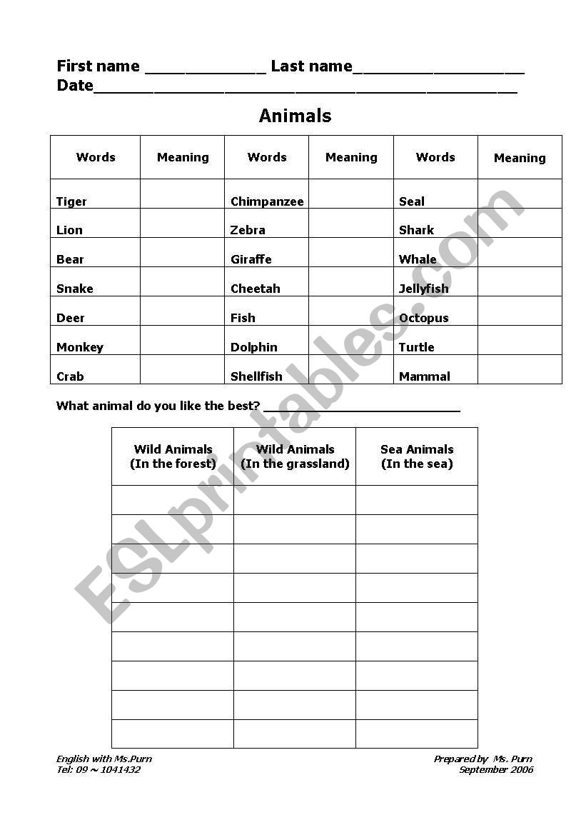 Animals worksheet