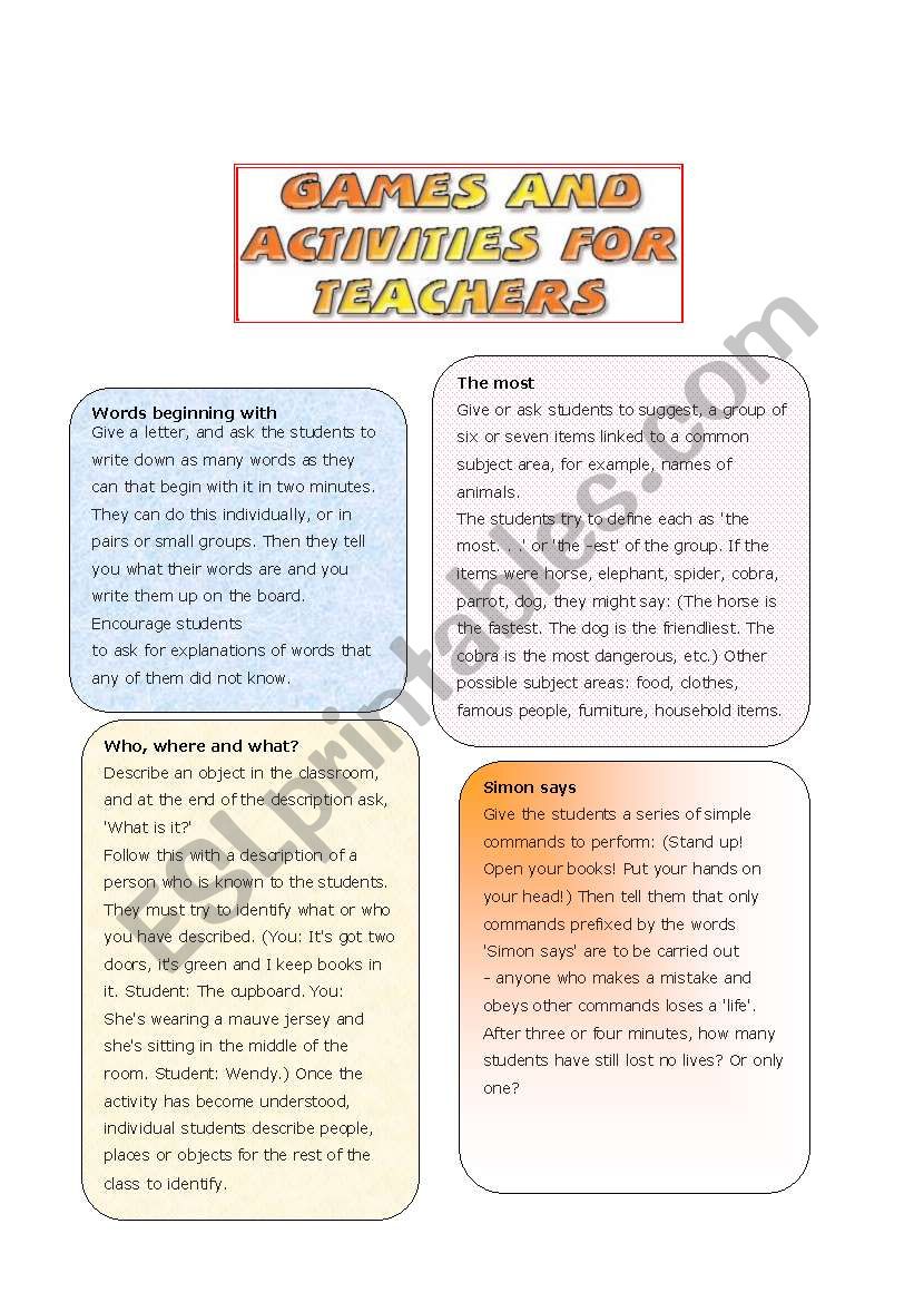 GAMES AND ACTIVITIES FOR TEACHERS