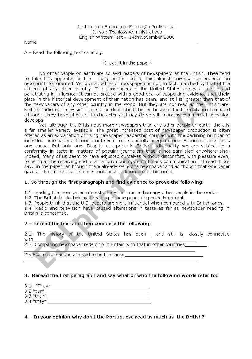 Mass Media newspapers worksheet