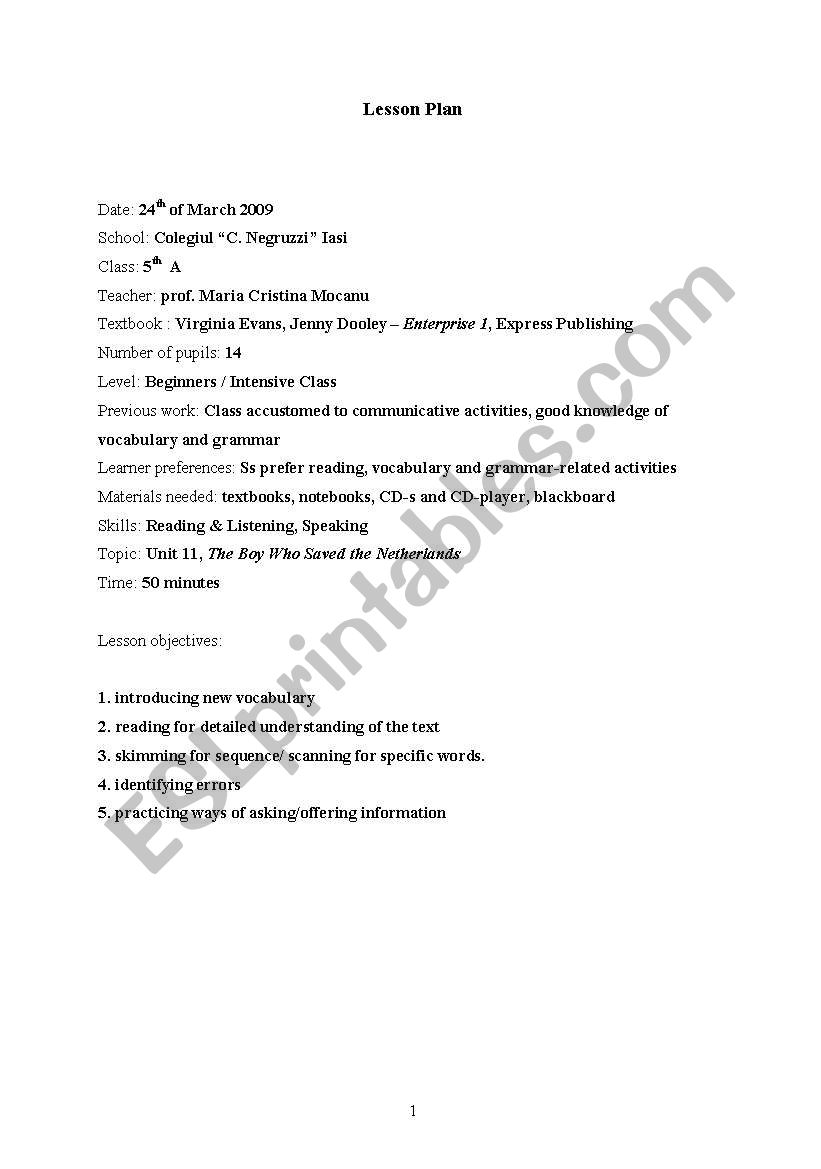 Lesson Plan Enterprise 1 worksheet