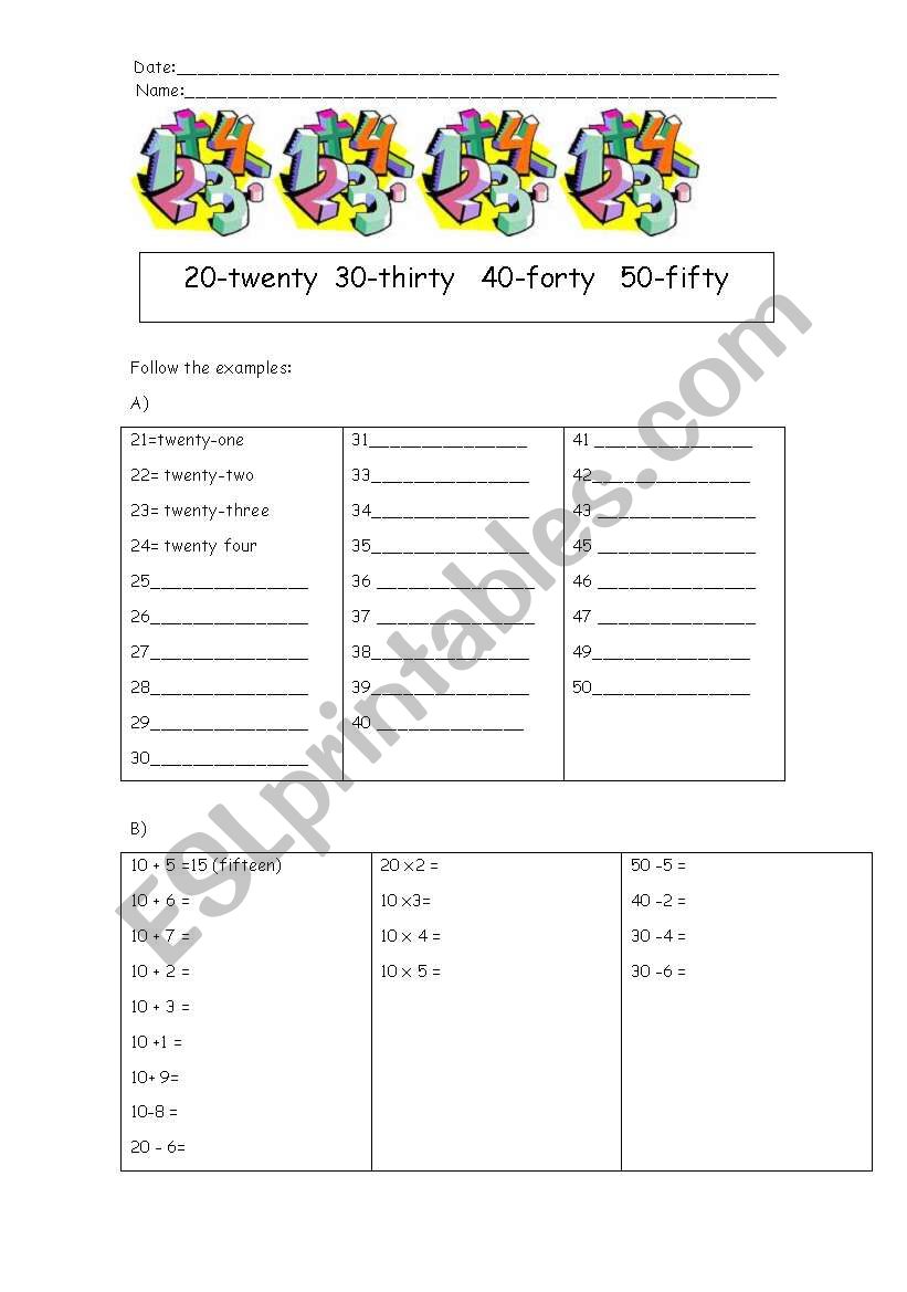 Numbers 20 50 Worksheet