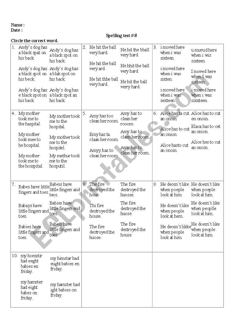 Spelling #8 worksheet