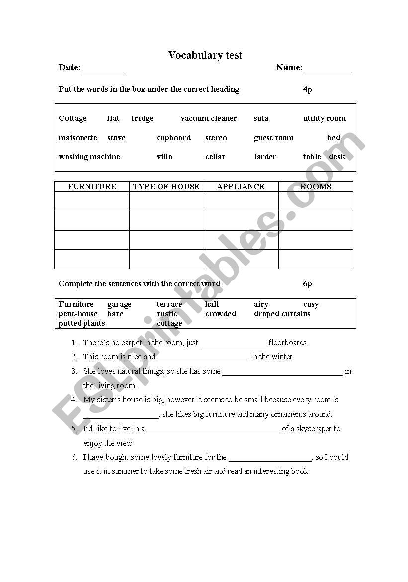 Vocabulary test worksheet