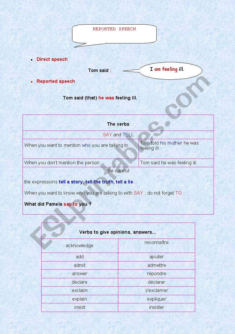 reported speech worksheet