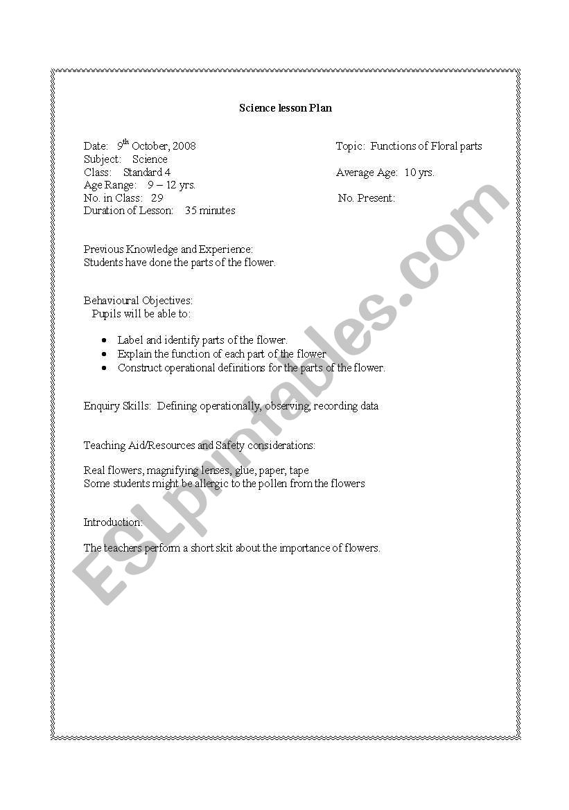 Science Lesson Plan - Functions of Floral Parts
