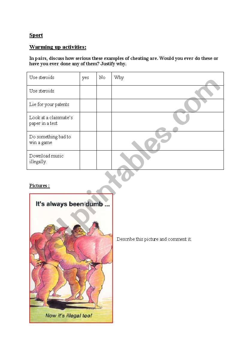 Sport and steroid  worksheet