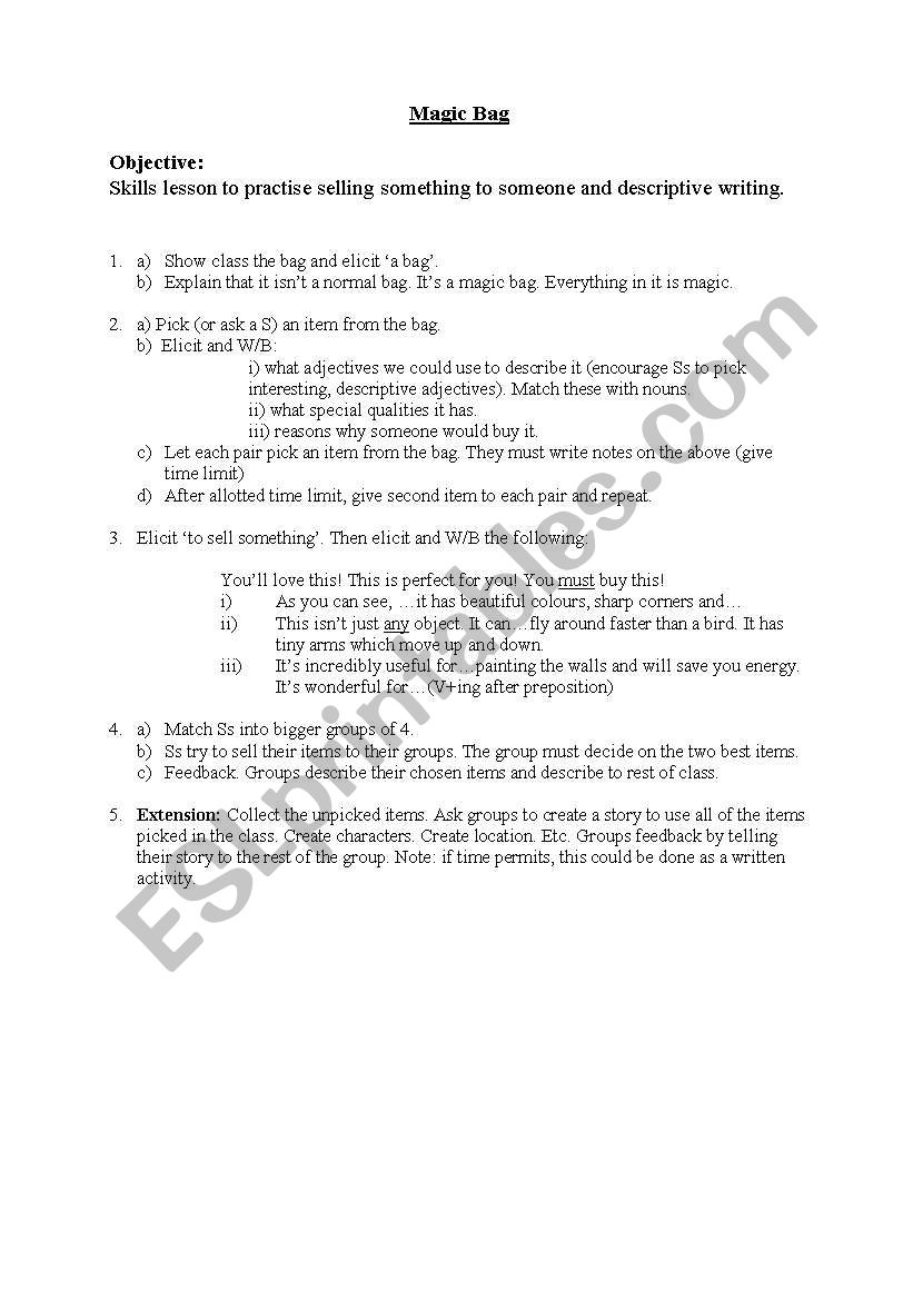 Magic Bag worksheet