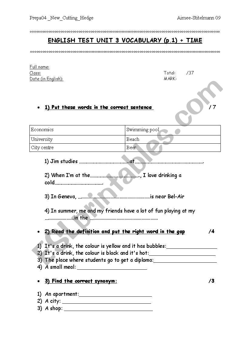 Elementary Test VOCABULARY ENGLISH-FRENCH