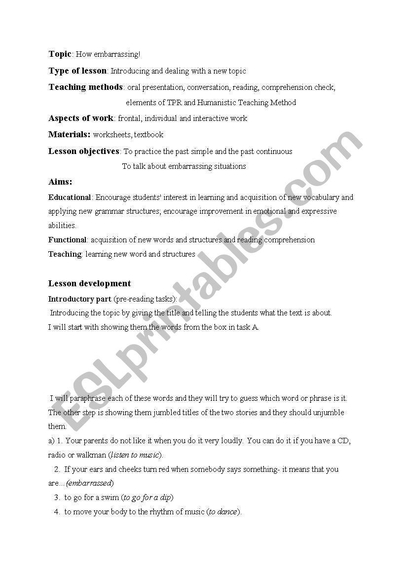 Lesson plan-How embarrassing worksheet