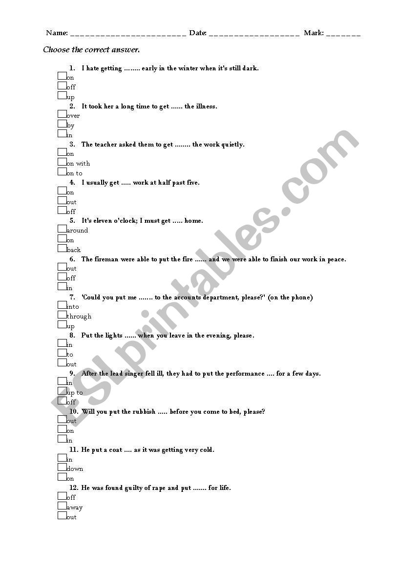 Phrasal verb test - get/put worksheet