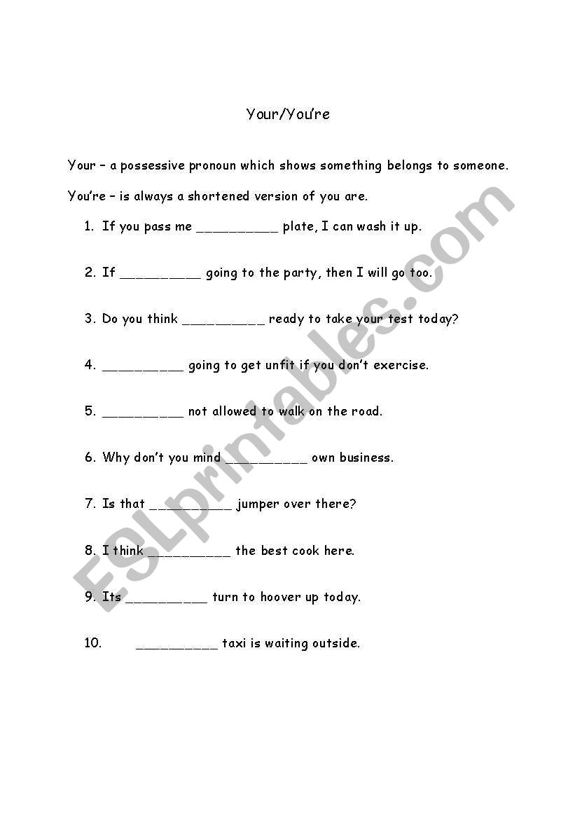 Your and Youre worksheet