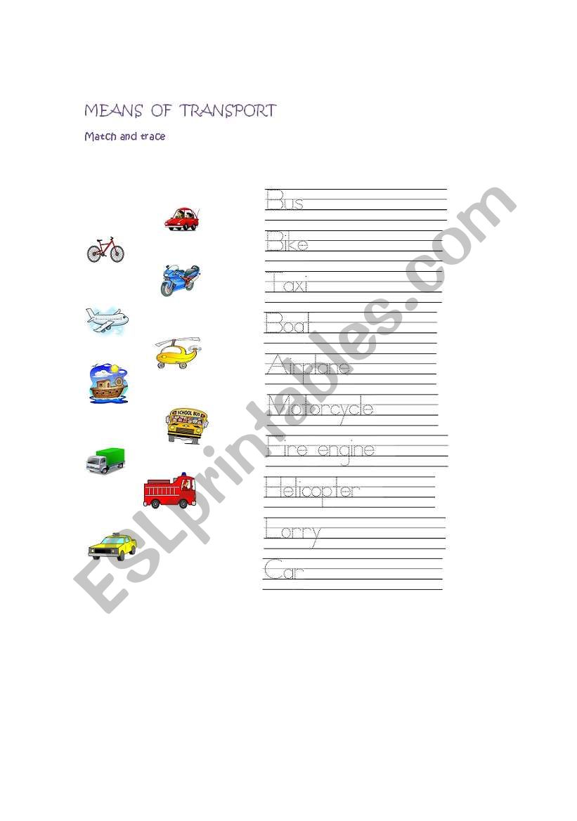 Means of transport worksheet