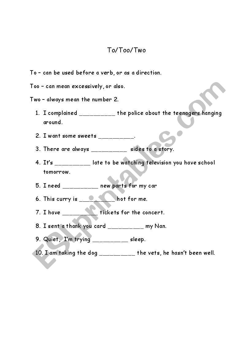 To, Too and Two worksheet